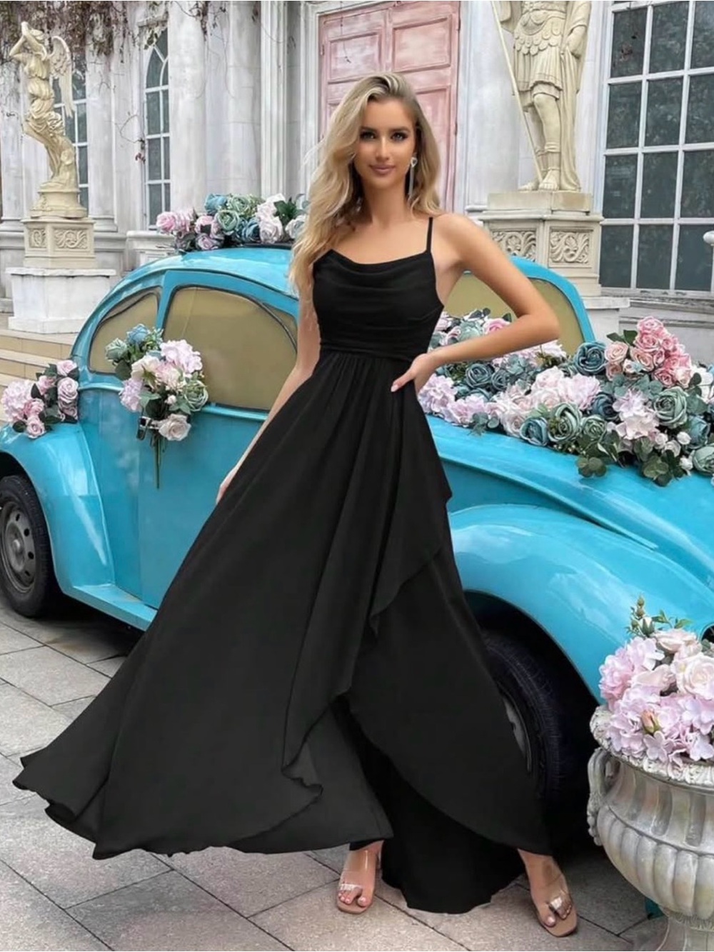 Black Spaghetti-Strap Maxi Dress with Draped Skirt - Picture 3 of 4